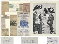 Moe Howard Items With Curly Joe: 5.5'' x 11'' Loew's Oriental Handbill for Three Stooges Show; 5.25'' x 4.75'' Invitation for Chase Club Show; 8'' x 10'' Glossy Photo; About 6 News Clips -- Very Good